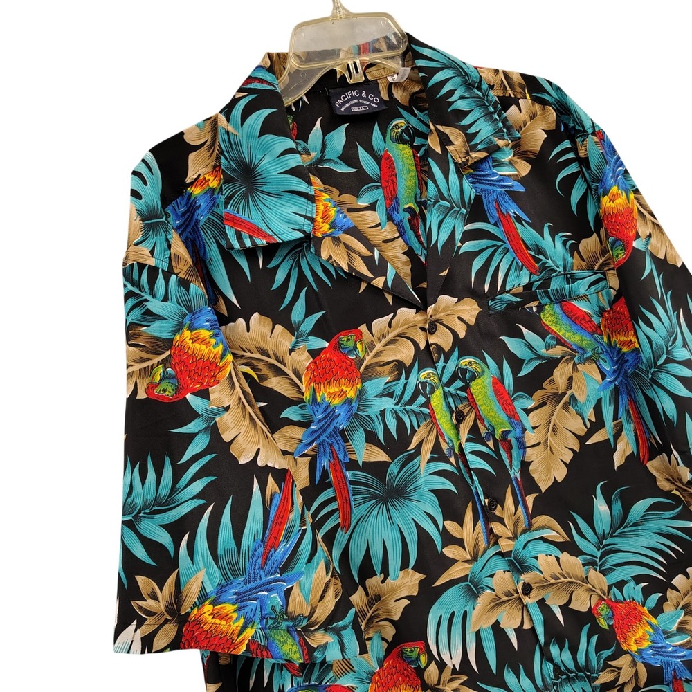 Pacific & Co Mens Large Parrot Tropical Floral Hawaiian Button Up Shirt Black